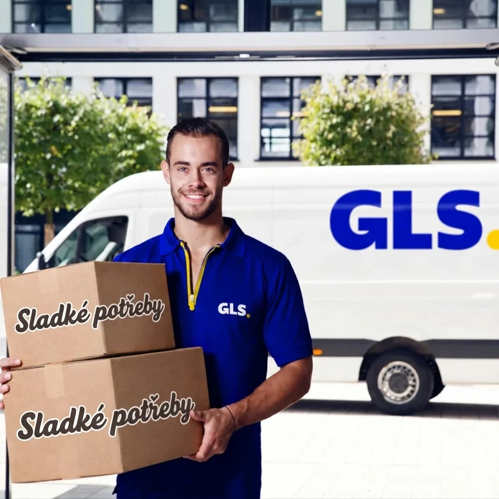 Kurýr GLS předává balíky Sladké potřeby v krabicích s naším logem
