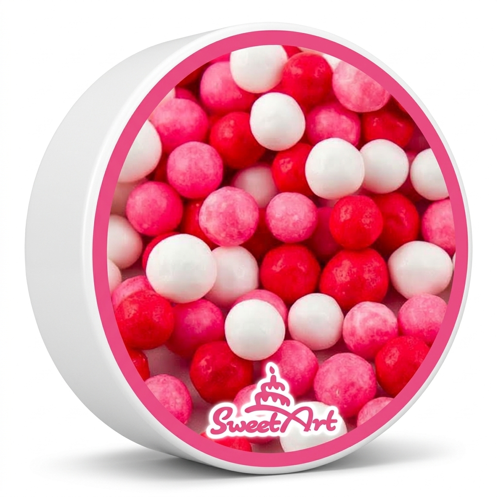 Cukrové perly SweetArt Love mix v bílé, růžové a červené barvě o průměru 7 mm, 80 g, na zdobení dortů a dezertů