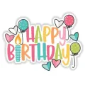Kulatý jedlý obrázek s nápisem Happy Birthday, pastelovými puntíkovanými balónky, srdíčky a svíčkou s plamínkem, jedlý obrázek na dort