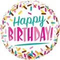 Kulatý jedlý obrázek na dort s tyrkysovým nápisem Happy Birthday, růžovými tahy a barevným posypem na bílém pozadí