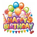 Kulatý jedlý obrázek na dort s nápisem Happy Birthday, dárkem s mašlí, party čepičkou a girlandou na bílém pozadí, pestré barvy.