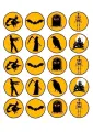 Kolečka s černými halloweenskými siluetami čarodějnice, netopýra a náhrobku na oranžovém pozadí, jedlý obrázek na muffiny