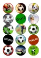 Arch s patnácti jedlými kolečky na cupcakes s fotbalovými míči, brankou, pohárem a nápisy Goal, Offside a Penalty, jedlý obrázek na dort