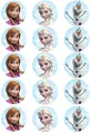 List jedlých koleček s postavami Elsa, Anna a Olaf z Ledového království na modrém pozadí se sněhovými vločkami, jedlý obrázek na dort