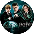Kulatý jedlý obrázek na dort: Harry, Ron a Hermiona s hůlkami na tyrkysovém pozadí s bouřkovým stínem, jedlý obrázek na dort