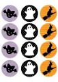 Kolečka s halloweenskými motivy: netopýr na fialové mřížce, bílý duch na černém pozadí a čarodějnice na koštěti před oranžovým měsícem. Jedl