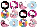 Kolečka s kočičkou Hello Kitty v růžových, černobílých a duhových variantách, jedlý obrázek na dort pro cupcakes