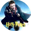 Harry Potter v brýlích letí na famfrpálovém koštěti s hůlkou proti modré obloze, žlutý nápis dole, jedlý obrázek na dort