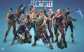 Postavy z hry Fortnite stojí na modrém mřížkovaném pozadí s bílým logem hry, jedlý obrázek na dort