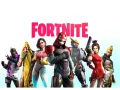 Hranatý jedlý obrázek na dort s růžovým logem Fortnite a barevnými postavami bojovníků včetně rohatého hrdiny a robota.