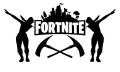 Černobílý jedlý obrázek Fortnite s nápisem logo, stínovými tanečnicemi a zkříženými krumpáči, obrázek na dort