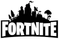 Černobílý nápis Fortnite nad siluetou herního ostrova s věžemi, borovicemi a stromem, jedlý obrázek na dort