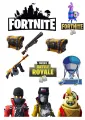 Fortnite motiv s fialovou lamou, zlatými truhlami, modrým autobusem a třemi postavami, jedlý obrázek na dort