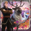 Kristoff s překříženými rukama, sob Sven a sněhulák Olaf mezi purpurovým, růžovým a oranžovým listím, jedlý obrázek na dort