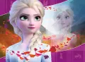 Princezna Elsa s copem uprostřed vířícího červeného a fialového listí, v pozadí horská krajina, jedlý obrázek na dort