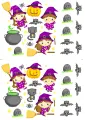Hranatý arch s halloweenskými motivy: usměvavé čarodějnice, pavouci, netopýři a náhrobek RIP ve fialové, žluté a černé barvě, jedlý obrázek 