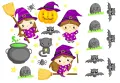 Jedlý obrázek na dort s roztomilými chibi čarodějkami v fialových kloboucích, vykrojenou dýní, černými kočkami a kotlíkem na Halloween