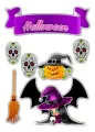 Jedlý obrázek na dort: malá čarodějka s netopýřími křídly a dýní v klobouku, koštětem, mexickými lebkami a fialovým nápisem, halloween