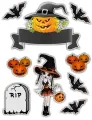 Halloweenský motiv s usměvavou čarodějkou s košíkem dýní, vyceněnou dýní, náhrobkem RIP a netopýry, jedlý obrázek na dort