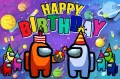 Kosmická scéna s oranžovým a modrým kosmonautem z Among Us s narozeninovými kloboučky a dárkem, nápis Happy Birthday, jedlý obrázek na dort