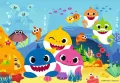 Barevný motiv Baby Shark se žraločí rodinkou, medúzami a mušlemi v mořské scéně, jedlý obrázek na dort
