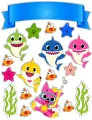 Barevní žraloci Baby Shark s hvězdicemi a rybkami v moři, nahoře modrý pásek, jedlý obrázek na dort