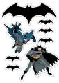 Batman v letu a v bojovém postoji s černým netopýřím znakem a menšími symboly, jedlý obrázek na dort