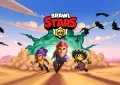 Postavy Colt, Shelly a Poco z hry Brawl Stars běží pouštní krajinou v oblaku prachu pod modrým nebem, jedlý obrázek na dort
