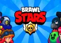 Jedlý obrázek Brawl Stars s červeným logem, zlatou hvězdou s lebkou a postavami Jessie, Spike a Crow na modrém pozadí, jedlý obrázek na dort