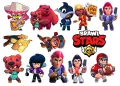 Jedlý obrázek na dort s dvanácti postavami z Brawl Stars, Nitou, Coltem a kytaristou v sombreru na pozadí s logem hry