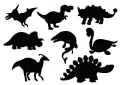 Černé siluety dinosaurů (tyranosaurus, stegosaurus, triceratops, pterodaktyl) na bílém pozadí, jedlý obrázek na dort