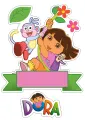 Dora průzkumnice a opička Čiko se houpají na zelené liáně mezi květinami, u nich mluvící Mapa, jedlý obrázek na dort