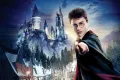 Harry Potter s hůlkou v popředí, za ním bradavický hrad na útesu a zasněžené Prasinky v noci, jedlý obrázek na hranatý dort