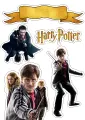 Harry Potter létající na koštěti s hůlkou a přáteli z Bradavic, zlatý pruh a logo, jedlý obrázek na dort
