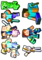 Sada pixelových postaviček z Minecraftu, zelený creeper, hrdinové s diamantovými meči a krumpáči, kostlivec s lukem, jedlý obrázek na dort