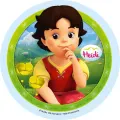 Dívka Heidi sedí na louce plné žlutých květin s horami v pozadí, kruhový motiv s zeleným okrajem, jedlý obrázek na dort