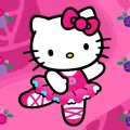 Hello Kitty v tutu tančí před růžovým pozadím s růžemi, jedlý obrázek na dort