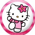 Bílá kočička Hello Kitty s růžovou kytičkou za uchem v růžových šatech uprostřed kruhu s třpytivým růžovým lemem, jedlý obrázek na dort