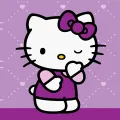 Hello Kitty mrkající v šeříkových šatech s růžovými rukávy a velkou mašlí na fialovo-růžovém pozadí, jedlý obrázek na dort