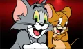 Kocour Tom a myška Jerry se směje na červeném pozadí, jedlý obrázek na dort