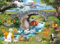 Disney zvířátka u řeky a kamenného mostu, medvěd Balú, slůně Dumbo, Bambi a Simba, jedlý obrázek na hranatý dort