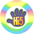 Kulatý motiv s fialovou dlaní, žlutooranžovým nápisem Hi-5 a duhovým okrajem v pastelových barvách, jedlý obrázek na dort