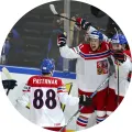 Hokejisté v národních barvách slaví gól, v popředí dres s číslem 88 a jménem Pastrňák, jedlý obrázek na dort
