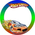 Oranžové závodní auto Hot Wheels s plameny v kulatém barevném rámečku, jedlý obrázek na dort