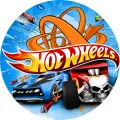 Kulatý jedlý obrázek na dort: modré kupé a červený hot rod s lebkou na oranžové smyčkové dráze, nápis Hot Wheels, jedlý obrázek na dort