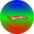 Kulaté logo Hot Wheels s plameny na přechodovém pozadí modré, zelené a červené barvy, jedlý obrázek na dort