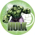 Zelený Hulk s fialovými kalhotami a zaťatými pěstmi a nápisem HULK, kulatý jedlý obrázek na dort