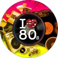 Kulatý jedlý obrázek s nápisem I ♥ 80s, vinylovou deskou, kazetovým magnetofonem a neonovými barvami, jedlý obrázek na dort