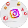 Duhové logo Instagramu s plovoucími 3D emoji ikonami na bílém pozadí, jedlý obrázek na dort