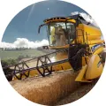 Žlutý kombajn New Holland sklízí obilí na poli pod modrou oblohou, jedlý obrázek na dort
